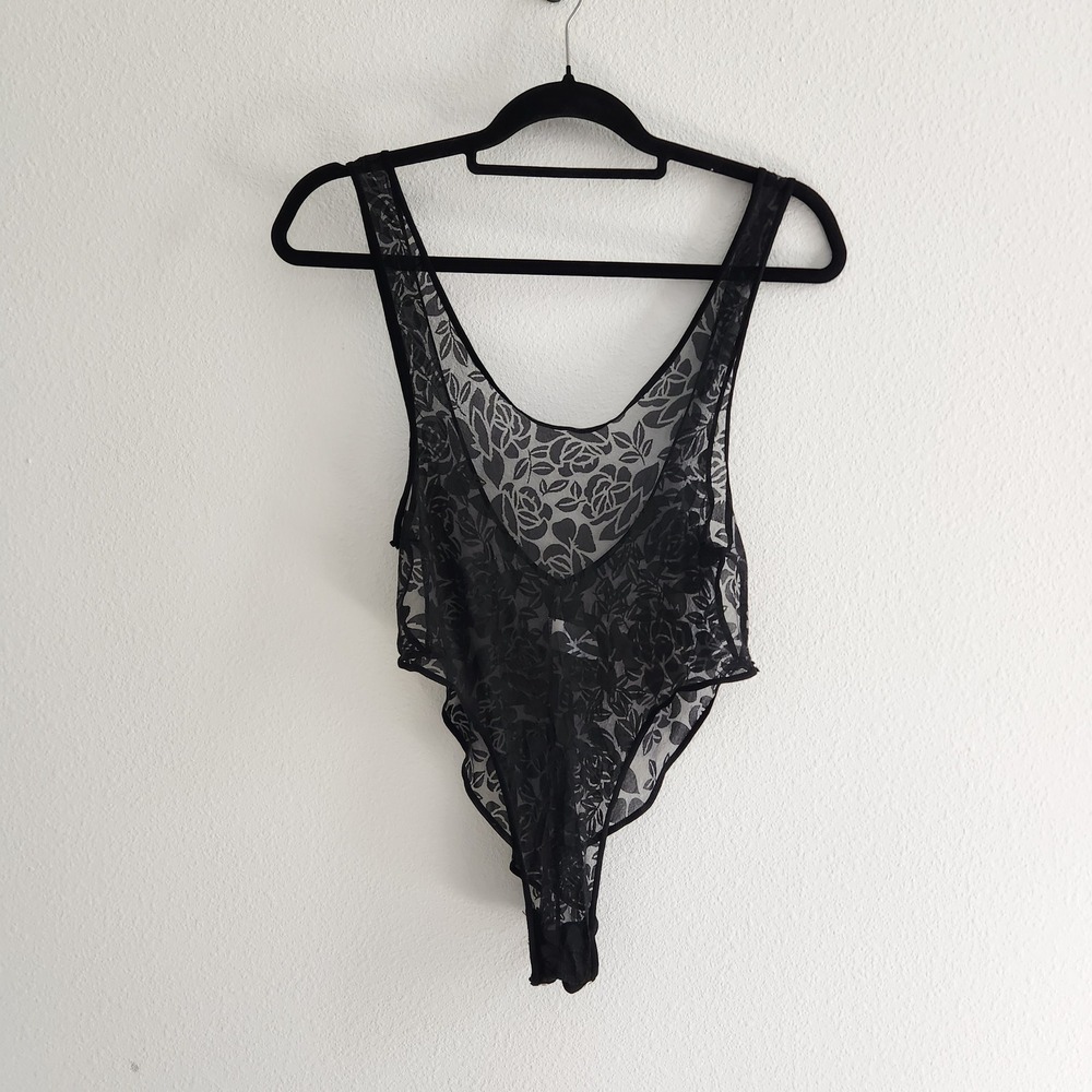 Vintage Luemme Made in Italy Black Sheer Floral Burnout Bodysuit High Cut size M